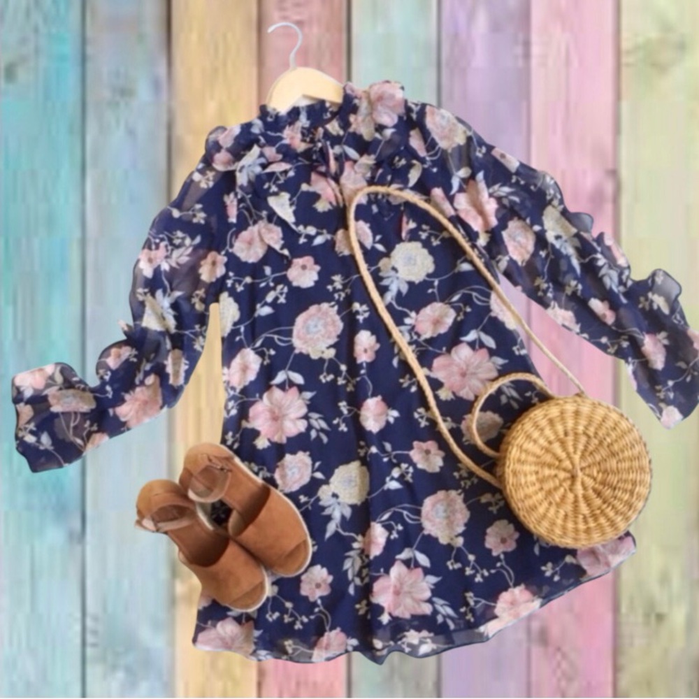 Love Riche Navy Blue Floral Ruffle Sleeves Chiffon Lined Dress NWT